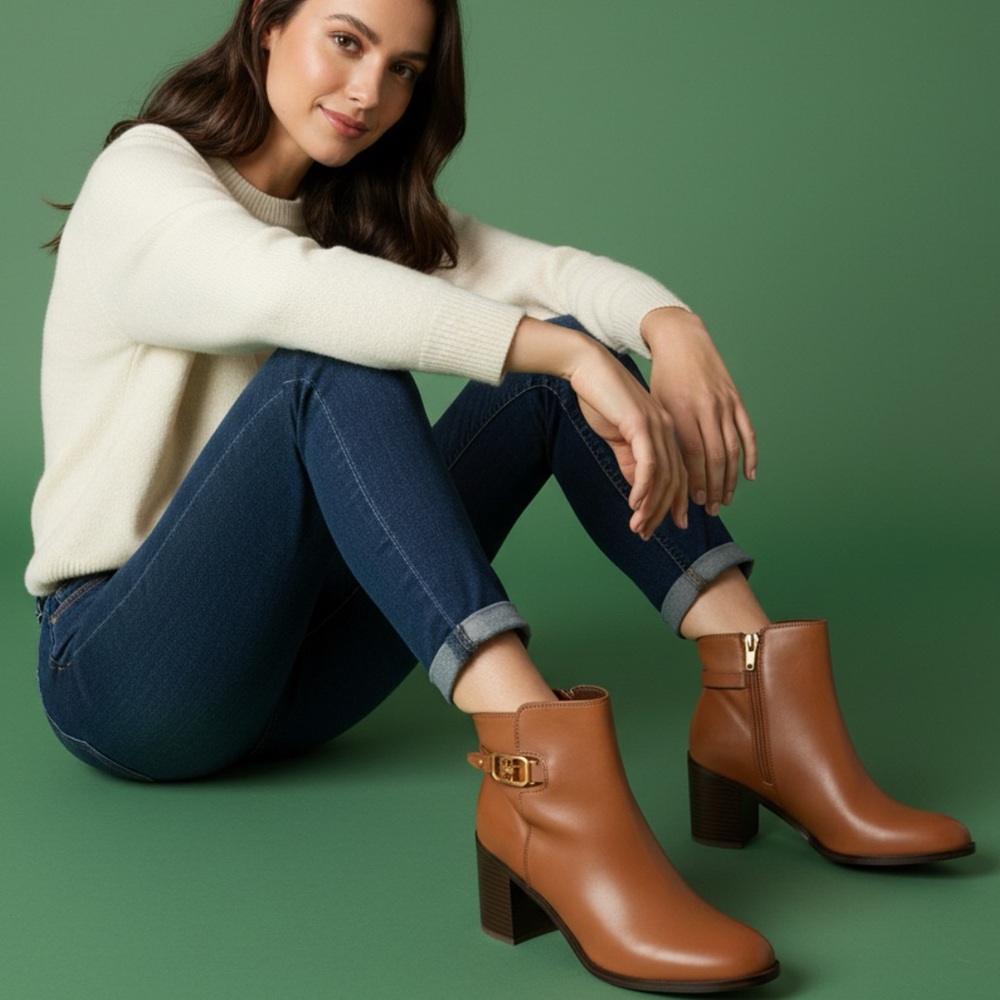 NEW Tommy Hillfiger Women's Veruki Block Heel Booties in Camel